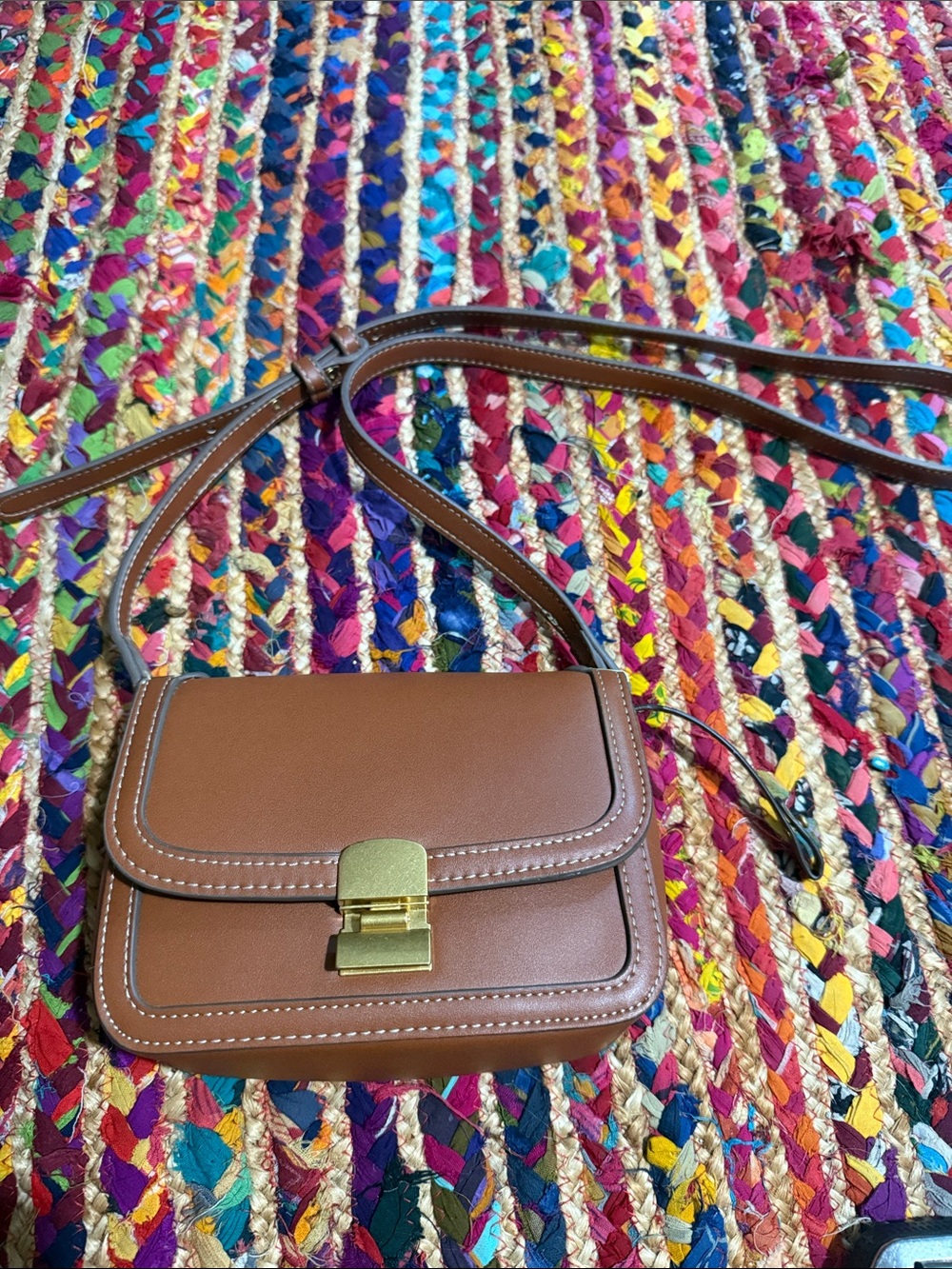 MNG Classic Brown Leather Crossbody Bag with Gold Hardware